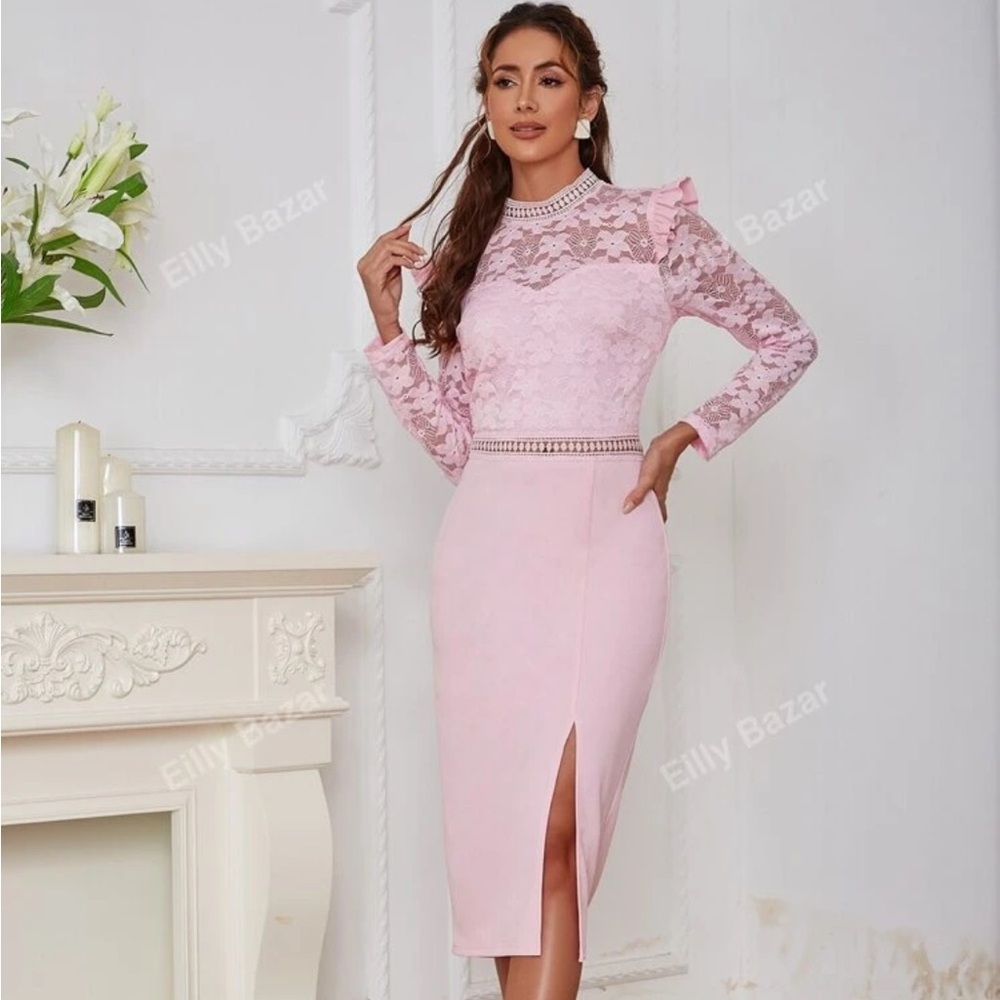 Pink Sheath Dress with Puff Sleeves and Slit